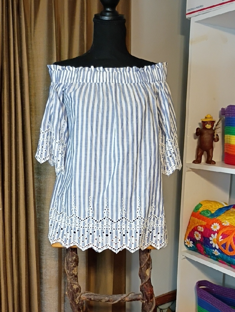 H&M Blue & White Striped Off-Shoulder Eyelet Blouse
